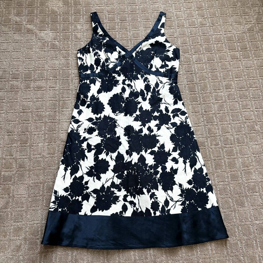 J Crew Linen Silk Sleeveless V-Neck Dress Women's Sz 8 Floral Navy White Summer